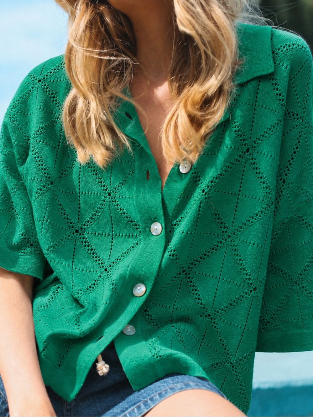 Anthropologie Electric & Rose Kelly Green Boxy Button Up Collared Sweater